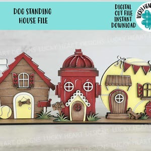 May include: A wooden craft project featuring three houses, a dog house, a fire hydrant, and a baseball. The houses are painted in shades of brown, red, and yellow. The dog house has a sign that says "Dog". The fire hydrant has a sign that says "No Pet Zone". The baseball has a red and white banner.