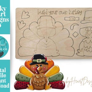 May include: A wooden turkey craft kit with the text "build your own turkey." The kit includes a completed turkey with colorful feathers and a wooden cutout with turkey parts. The logo for Lucky Heart Designs Co is visible.