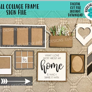 May include: A digital cut file for a wall collage frame. The design includes a variety of shapes, including a heart, arrows, and a picture frame with nine smaller frames. The text "This is us" is included in one of the smaller frames. The text "What I love most about my home is who I share it with" is included in a separate frame.