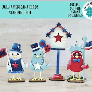 Julho Americana Birds Standing File SVG, América, EUA, Quarto, Bandeira, Estátua da Liberdade, Decoração de Natal, Glowforge, LuckyHeartDesignsCo