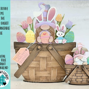 Gnome de lapin de Pâques pour le panier de fleurs fichier interchangeable SVG, oeuf, printemps, tulipe, plateau à plusieurs niveaux, Glowforge, LuckyHeartDesignsCo