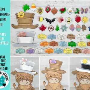 May include: A digital cut file for a holiday interchangeable animal hat. The file includes a variety of hats, including a top hat, a cowboy hat, and a Santa hat. The file also includes a variety of interchangeable animal heads, including a cow, a pig, and a sheep. The file is perfect for creating personalized holiday decorations.