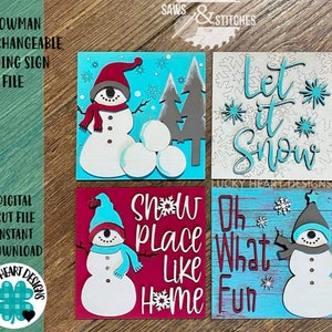 Snowman Interchangeable Leaning Sign File SVG, Winter Tiered Tray Glowforge, LuckyHeartDesignsCo