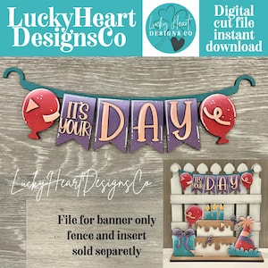 May include: A wooden banner with the text "IT'S YOUR DAY" in peach letters on purple pennants, flanked by red balloon cutouts. The banner is part of a digital cut file design. The image also shows a birthday cake and gift.