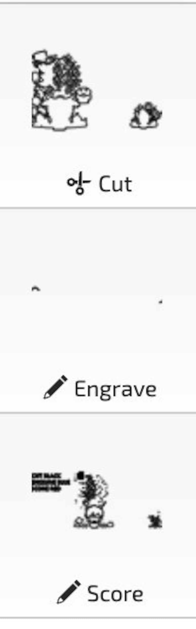 K&ouml;nnte beinhalten: Drei verschiedene M&ouml;glichkeiten, ein Design zu schneiden, zu gravieren oder zu ritzen. Das erste Bild zeigt ein Design, das aus einem Material ausgeschnitten ist. Das zweite Bild zeigt ein Design, das in ein Material graviert ist. Das dritte Bild zeigt ein Design, das in ein Material geritzt ist.