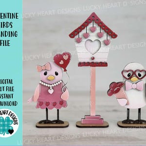 Valentine Birds Standing File SVG, Glowforge, Casa de passarinho, Coração, Amor, Flores, Balão, Bandeja em camadas LuckyHeartDesignsCo