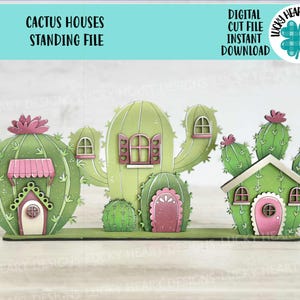 Archivo SVG de casas de pie con cactus, Glowforge, verano, primavera, oeste, suculenta, planta, desierto, LuckyHeartDesignsCo