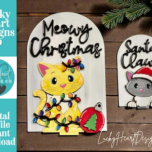 May include: Two wooden Christmas decorations. One features a yellow cat with string lights and the words "Meowy Christmas." The other shows a gray cat in a Santa hat with the words "Santa Claws."