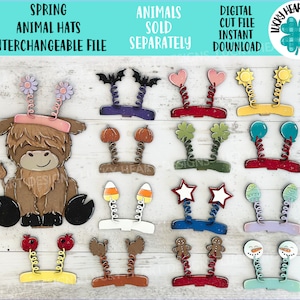 May include: A set of 12 spring animal hat SVG cut files. The hats are designed to be interchangeable and can be used to create a variety of fun and festive crafts. The hats feature a variety of spring-themed designs, including a bunny, a chick, a lamb, a butterfly, a flower, a bee, a ladybug, a sunflower, a heart, a star, a shamrock, and a rainbow.