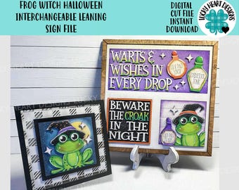 May include: A Halloween-themed sign file featuring a frog witch design. The sign includes the text "Warts & Wishes in Every Drop" and "Beware the Croak in the Night." A digital cut file for instant download.