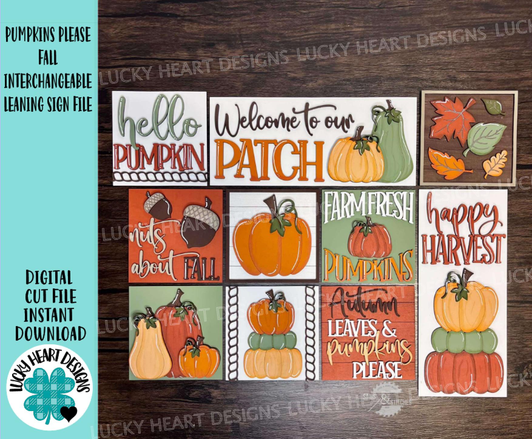 カボチャは倒れてください 交換可能な傾斜サインファイル SVG、Glowforge、収穫、パッチ、葉、LuckyHeartDesignsCo