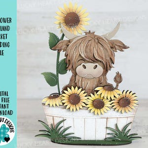 Cubo de girasol de las Tierras Altas de pie, archivo SVG, Glowforge, vaca, verano, otoño, flor, granja, bandeja escalonada LuckyHeartDesignsCo