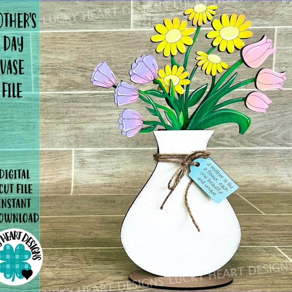 Mother's Day Vase File SVG, Glowforge Farmhouse Floral, LuckyHeartDesignsCo