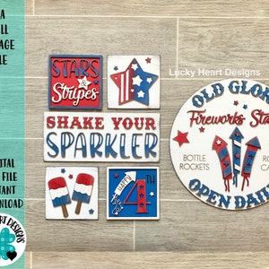 以下が含まれることがあります： 愛国的テーマの6つの木製看板のセット。看板は赤、白、青の色で、