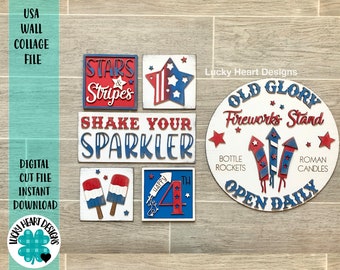 USA Wall Collage File, Fourth of July, Glowforge Sign Tiered Tray Leaning Ladder, LuckyHeartDesignsCo