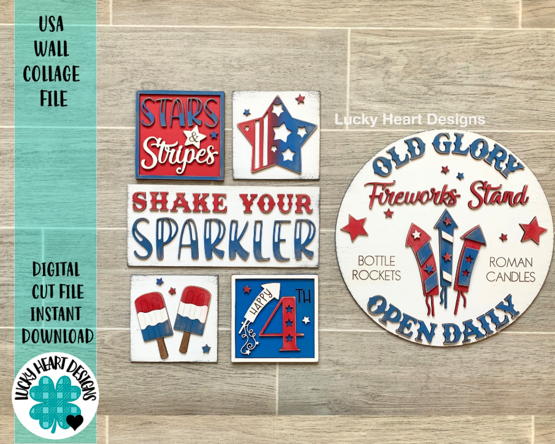 USA Wall Collage File, Fourth of July, Glowforge Sign Tiered Tray Lea…