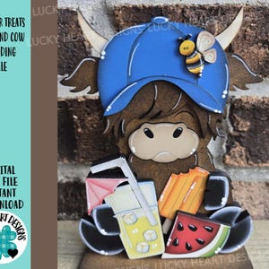 Delicias de verano: Vaca de las Tierras Altas de pie, archivo SVG, Glowforge, abeja, sandía, limonada, paleta, granja, playa, bandeja escalonada LuckyHeartDesignsCo