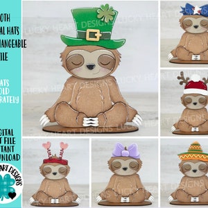 May include: A set of interchangeable hats for a sloth figurine. The hats include a leprechaun hat, a Santa hat, a sombrero, a bow, and a patriotic hat. The sloth is sitting in a yoga pose.