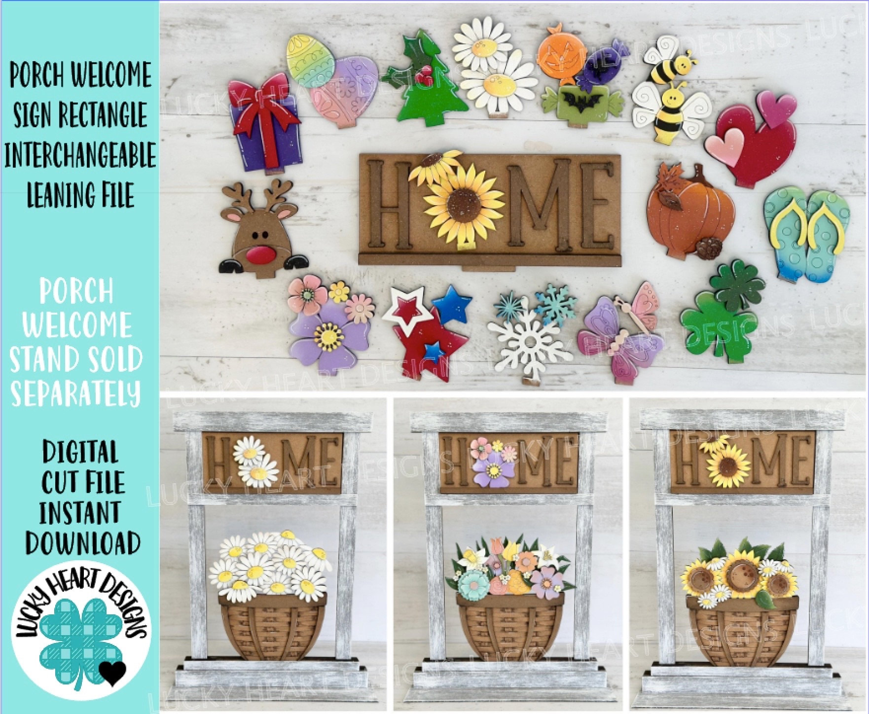 Porch Welcome Sign Rectangle Interchangeable Leaning Sign File SVG, Flower Basket, Seasonal Home Sign, Holiday Shapes, LuckyHeartDesignsCo