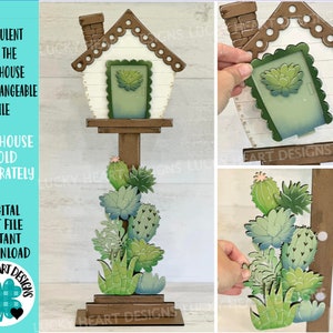 Suculenta para el archivo intercambiable Birdhouse SVG, Decoración del hogar, Planta, Cactus, Glowforge Summer, Estacional, Vacaciones, LuckyHeartDesignsCo