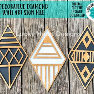 May include: Three decorative diamond wall art signs with geometric patterns in black, white, and gold. The signs are made of wood and have a rustic look.  "DECORATIVE DIAMOND WALL ART SIGN FILE" and "DIGITAL CUT FILE INSTANT DOWNLOAD" are written on the image.