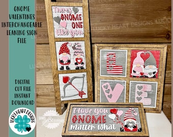 Gnome Valentines Interchangeable Leaning Sign File SVG, Tiered Tray Glowforge, LuckyHeartDesignsCo
