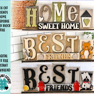 Chien chat meilleurs amis maison blocs réversibles fichier SVG, plateau à plusieurs niveaux, lettres, animal de compagnie, Scrabble, famille, Glowforge, LuckyHeartDesignsCo