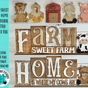 Peut inclure: Un projet d'artisanat en bois avec les mots "Farm Sweet Farm Home" avec une vache, un cochon, une chèvre, un poulet et un cheval. Les lettres sont réversibles et peuvent être utilisées pour créer une pancarte sur le thème de la ferme.
