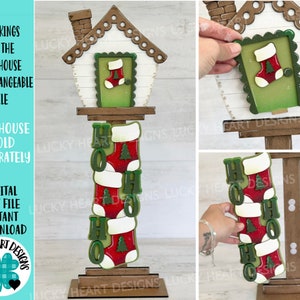May include: A wooden Christmas sign with interchangeable stockings. The sign says "HO HO HO" and features a small birdhouse with a stocking hanging from the door. The stockings are red, white, and green with a Christmas tree design.