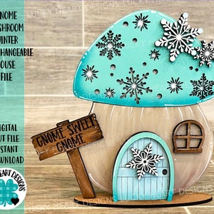 Gnome Mushroom Winter Archivo de casa intercambiable SVG, (agregar) Bandeja escalonada, Glowforge, LuckyHeartDesignsCo