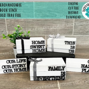 Arquivo de bandeja em camadas de pilha de livros intercambiáveis SVG, Glowforge Farmhouse, LuckyHeartDesignsCo