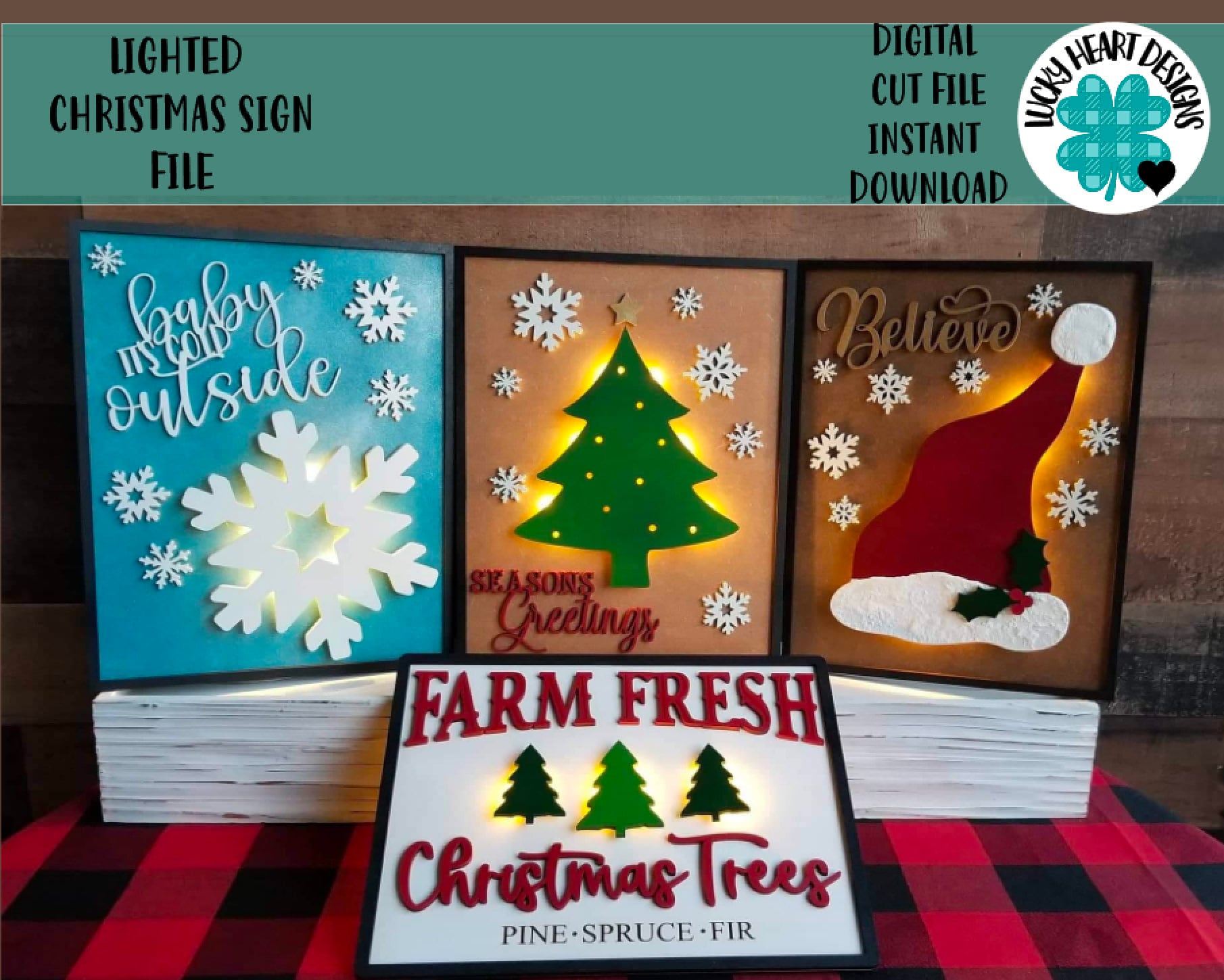Lighted Christmas Signs File SVG, Holiday Decor Glowforge, LuckyHeart…