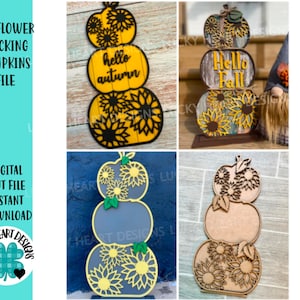 May include: A digital cut file for a three-tiered sunflower pumpkin stack. The pumpkins are decorated with sunflowers and the middle pumpkin says "hello autumn".