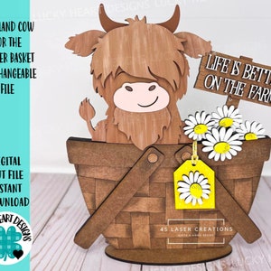 Highland Cow voor de bloemenmand verwisselbaar bestand SVG, gelaagde lade, Glowforge, LuckyHeartDesignsCo