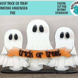 Truco fantasma o trato de pie Archivo de Halloween SVG, Calabaza, Bruja, Jack-o-lantern, Bandeja escalonada Glowforge, LuckyHeartDesignsCo