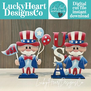 May include: Wooden Uncle Sam figures in red, white, and blue, holding a USA flag and balloons. The figures are standing next to the letters "USA". The image includes the text "Lucky Heart Designs Co" and "Digital cut file instant download".