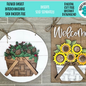 Bloemenmand verwisselbaar teken backers bestand SVG, deur hanger, seizoensgebonden, vakantie, Glowforge, LuckyHeartDesignsCo