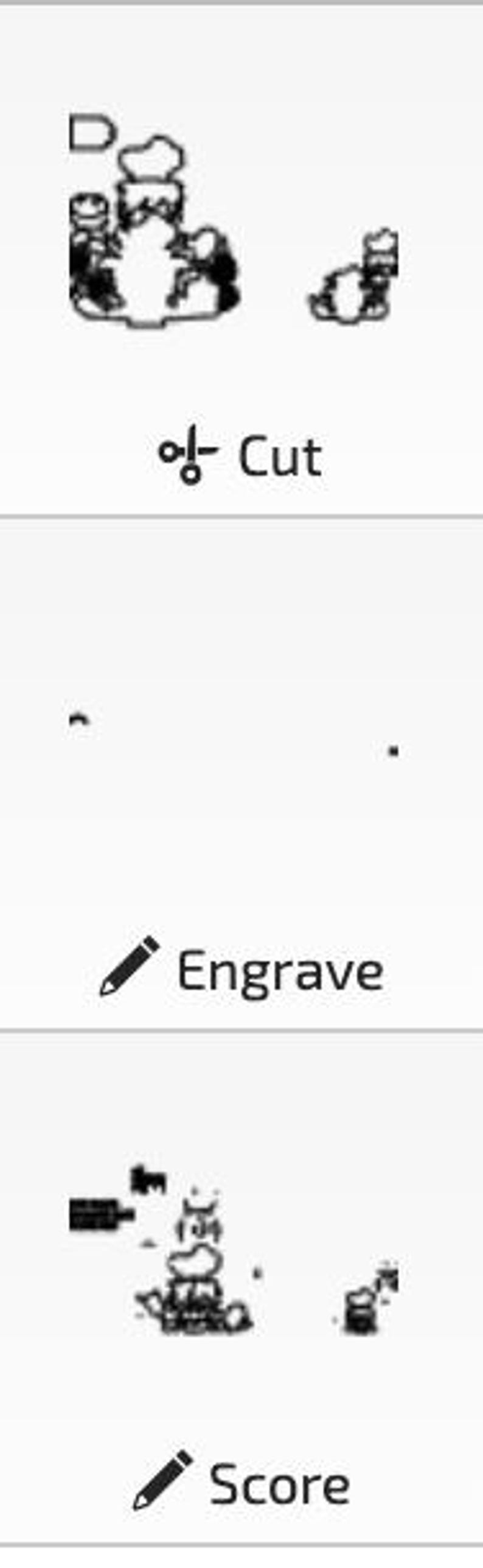 May include: Three different methods for customizing a design: cut, engrave, and score. The cut option shows a design with a sharp, clean edge. The engrave option shows a design with a subtle, etched look. The score option shows a design with a shallow, indented line.