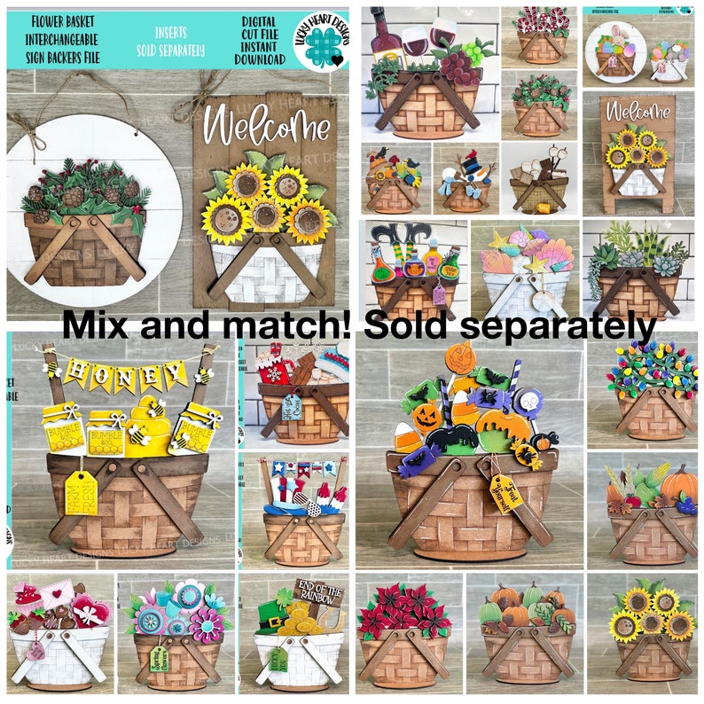 May include: A collection of interchangeable wooden basket signs with various themes, including sunflowers, pumpkins, honey, and a rainbow. The signs are sold separately and can be mixed and matched to create custom decor.