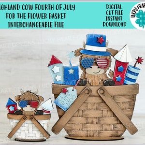 Highland Cow Fourth of July voor de bloemenmand verwisselbaar bestand SVG, Amerika, VS, gelaagde lade, TINY, Glowforge, LuckyHeartDesignsCo