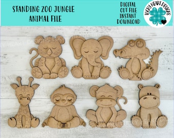 Fichier SVG animal debout de la jungle du zoo, pépinière de zoo, éléphant tigre du cirque, alligator, girafe, paresseux plateau à plusieurs niveaux Glowforge, LuckyHeartDesignsCo