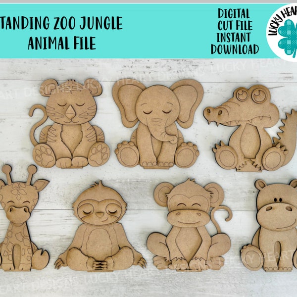 Standing Zoo Jungle Animal File SVG, Zoo Nursery Circus Tiger Elephant, Alligator, Giraffe, Sloth Tiered Tray Glowforge, LuckyHeartDesignsCo