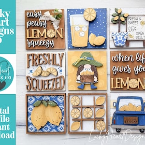 May include: A collection of wooden lemon-themed decorations. The designs include a lemonade glass, a gnome, a truck, and signs with phrases like "easy peasy lemon squeezy" and "when life gives you lemons." The color palette features yellow, blue, and brown.