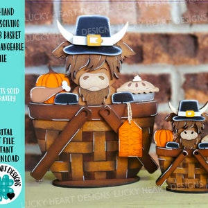 Acción de Gracias de las Tierras Altas para el archivo intercambiable de la cesta de flores SVG, TINY Pie Pumpkin Cow Farm, Bandeja escalonada, Glowforge, LuckyHeartDesignsCo
