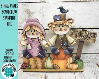 Straw Mates Vogelscheuche Stehende Datei SVG, Glowforge Pumpkin Farm, Mädchen, Junge, Herbst, Kürbis, Dekor, Tiered Tablett, LuckyHeartDesignsCo