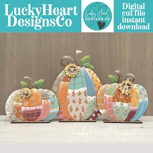 Trio de citrouilles patchwork debout (fichier SVG), motif floral, feuillu, tournesol, nœud, feuilles, automne, Glowforge, LuckyHeartDesignsCo