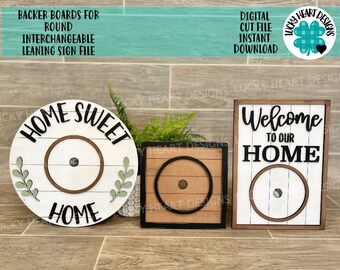 May include: Three interchangeable leaning sign backer boards. The round sign says "Home Sweet Home" with leaf accents. The square sign is plain. The rectangular sign says "Welcome to our Home".