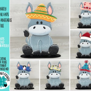 May include: A set of digital cut files for a donkey with interchangeable hats. The donkey is grey with a black tail and hooves. The hats include a sombrero, a top hat with a pink bow, a Santa hat, a flower crown, and a party hat.