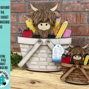 Archivo SVG intercambiable para cesta de flores de la Escuela Highland, Profesora pequeña, Lápiz, Ratón de biblioteca, Bandeja escalonada, Glowforge, LuckyHeartDesignsCo