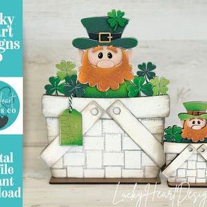 May include: Wooden St. Patrick's Day decorations featuring leprechauns in green hats and shamrocks. The leprechauns are in white basket-shaped containers. The text "Lucky Heart Designs Co" and "Digital cut file instant download" are visible.